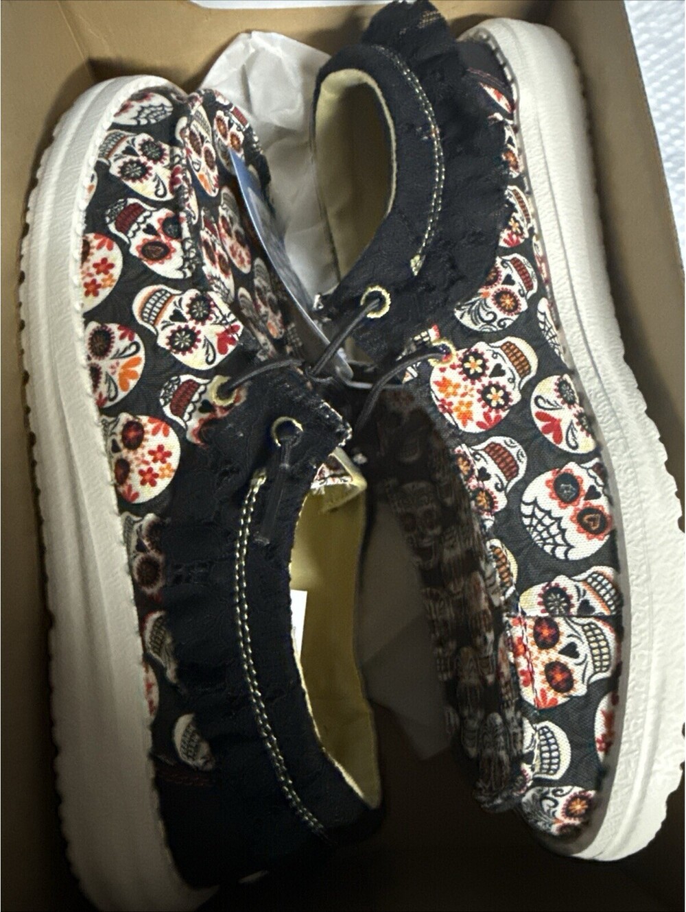 Women's HeyDude Wendy Day Of The Dead - Black/Multi-Color size 8 -Sugar Skull